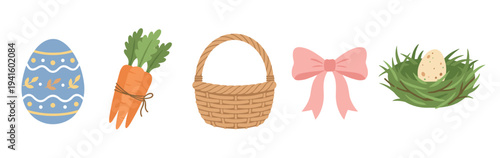 Easter spring elements collection features a decorated egg, fresh carrots, a woven basket, a pink bow, and a bird's nest with an egg.
