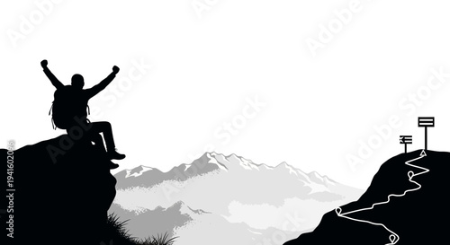 Hiker atop mountain reaching summit silhouette vector illustration