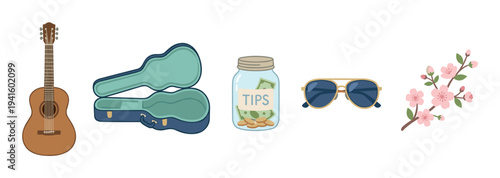 Various colorful flat design illustrations depict everyday objects and natural elements, including musical instruments, financial items, and floral motifs.
