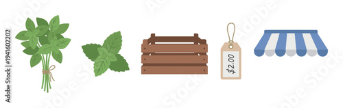 Market elements and fresh produce illustrations depicting a vibrant farmers market scene with herbs, a wooden crate, price tag, and an awning.