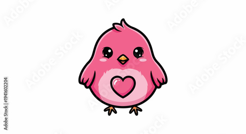 A cute pink cartoon bird with big eyes and a heart emblem