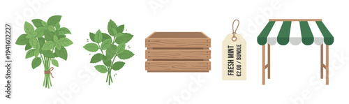Fresh mint herbs, wooden crate, market stall awning, and price tag are depicted in a charming flat design illustration, representing local farmers markets and organic produce sales.