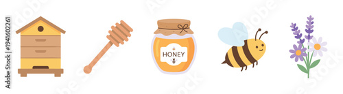 Cute cartoon bee and honey related elements are displayed in a charming flat vector illustration, perfect for nature and food themes.