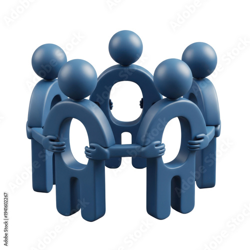 Teamwork and collaboration 3D blue figures holding hands in circle isolated on transparent background