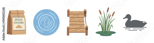 Bread crumbs, water, wooden dock, cattails, and a duck are depicted in a charming flat design illustration representing a serene pond scene.