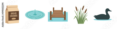 Pond and duck feeding elements are depicted in a charming flat design illustration style, showcasing bread crumbs, water ripples, a wooden dock, cattails, and a swimming duck.