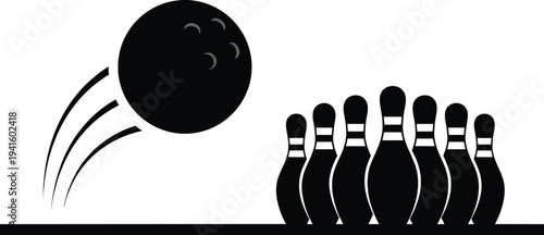 Stylized bowling ball and pins illustration in black and white with motion lines for sports, recreation and entertainment