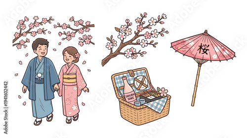 Japanese spring elements collection features a happy couple in traditional kimonos enjoying a cherry blossom picnic with sake and a parasol.