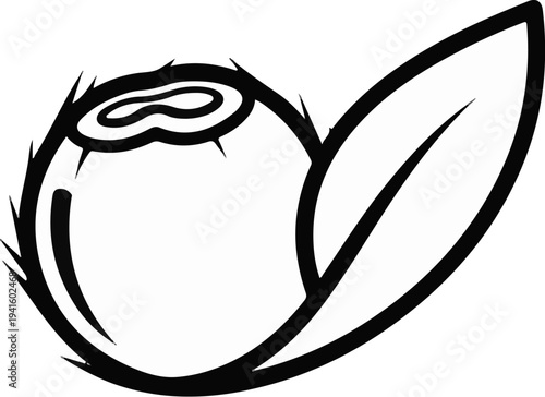 A simple, bold black and white outline drawing of a blueberry with a leaf