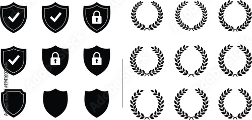 Shield Security and Laurel Wreath Icon Set Featuring Protection Badges, Check Marks, and Award Wreath Symbols for Achievement and Safety Designs