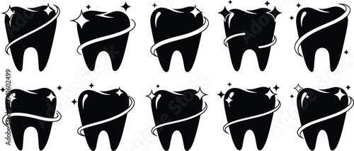 Shiny Tooth Icon Set with Sparkle Effects for Dental Hygiene, Teeth Cleaning, Oral Care Protection, Dentist Clinic Symbols, and Healthcare Design
