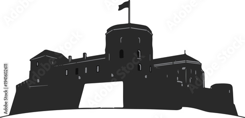 A dark, stylized silhouette of a grand fortress with a flag flying atop its highest tower