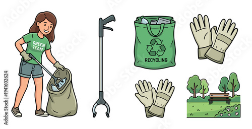 Environmental cleanup volunteer gathers trash using essential recycling equipment and supplies, promoting a cleaner and healthier environment for everyone.