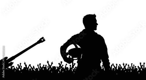 Silhouette of a race car driver holding helmet in front of cheering crowd and race car