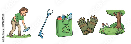 Environmental cleanup and recycling tools are essential for maintaining a healthy planet, featuring a person picking up litter, a grabber, a recycle bag, and gloves.