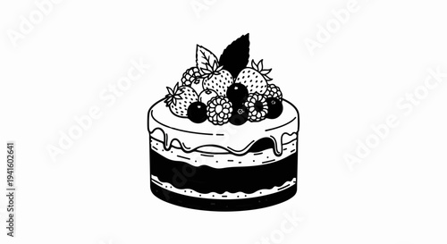 A delicious black and white line art illustration of a layered cake topped with assorted berries