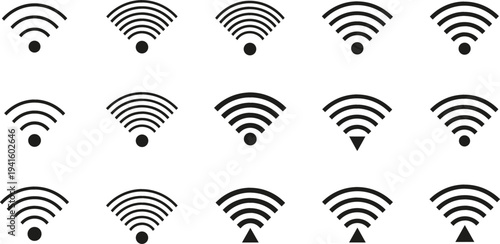 WiFi Signal Icon Set with Wireless Network Symbols for Internet Connection, Connectivity Status Indicators, Router Communication, and Digital Technology Interface Design