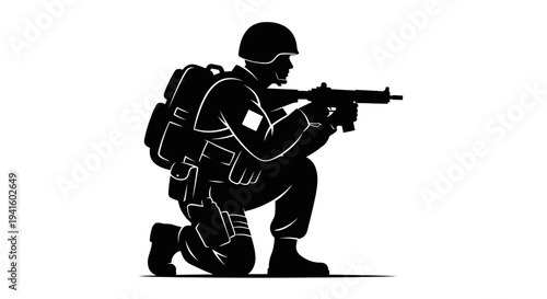 Silhouette of a soldier kneeling with a rifle, ready for action, military concept