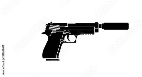 Silhouette of a silenced pistol, weapon icon, crime, stealth, spy, secret agent, firearm