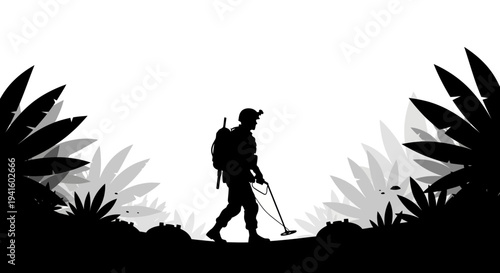 Silhouette of a soldier with a metal detector walking through a jungle at dawn