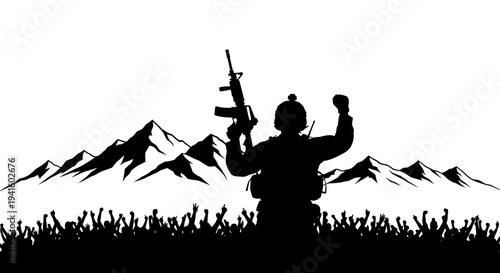 Silhouette of a triumphant soldier raising rifle and fist in front of mountains and cheering crowd