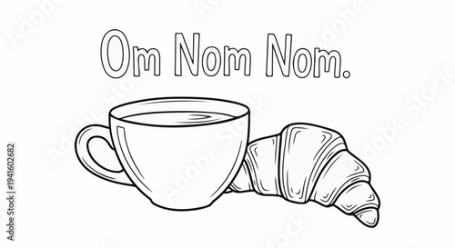 A delightful depiction of a steaming coffee cup next to a flaky croissant