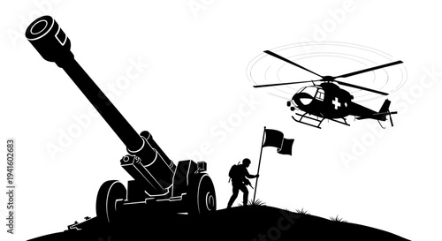 Silhouette of Artillery Cannon, Soldier with Flag, and Helicopter on Hilltop
