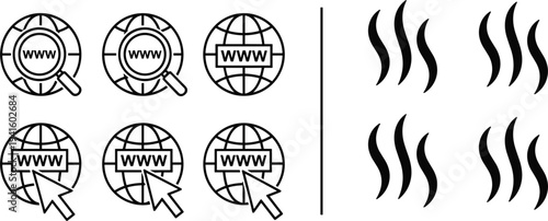 Website Search and Heat Wave Icon Set Featuring WWW Globe, Cursor Click, and Rising Temperature Symbols for Internet and Weather Concepts