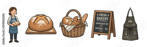 Collection of fresh bakery items and a smiling baker character are depicted in a charming cartoon illustration, showcasing artisanal bread, pastries, and a menu sign
