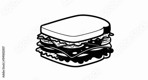A detailed black and white illustration of a tall, layered sandwich