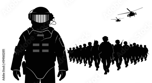 Silhouette of Soldier in Hazmat Suit Leading Army Troops with Helicopters in Background