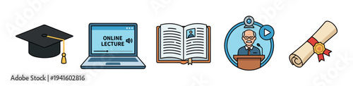 Collection of five flat line icons for e-learning concepts, including a mortarboard cap, a laptop for online lectures, an open textbook, a professor webinar, and a graduation diploma scroll