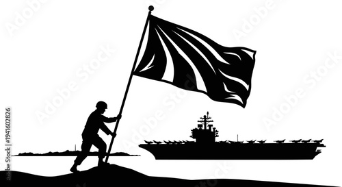 Silhouette of Soldier Raising Flag with Aircraft Carrier in Background