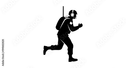 Silhouette of Soldier Running with Radio Backpack and Headphones