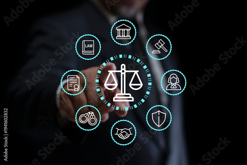 Man hand interacts with digital icons representing law and justice, symbolized by a scale, Justice, and Legal services. Business legislation, Notary public, Legal advice online, Lawyer