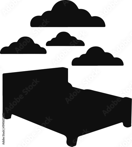 A simple, dark silhouette of a bed with several fluffy clouds above it
