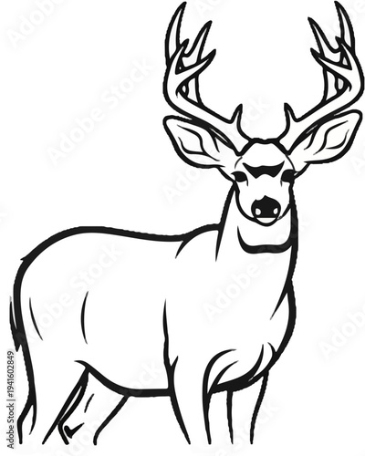 A detailed black and white line drawing of a majestic buck with large antlers