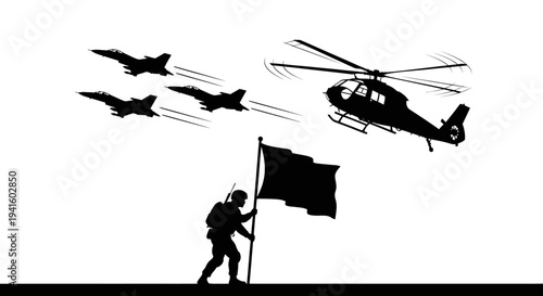 Silhouette of Soldier with Flag, Fighter Jets, and Helicopter in Sky