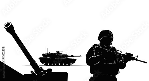Silhouette of Soldier with Rifle and Tank in Military Combat Scene