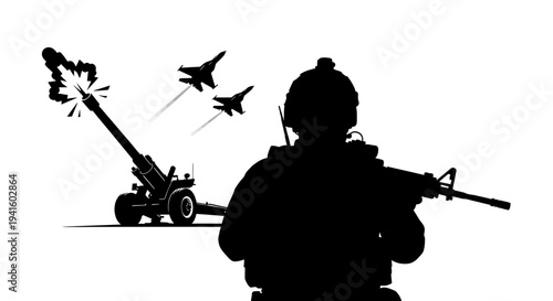 Silhouette of Soldier with Rifle, Artillery Cannon Firing, and Fighter Jets Flying