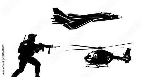 Silhouette of Soldier with Rifle, Fighter Jet, and Medical Helicopter on White Background