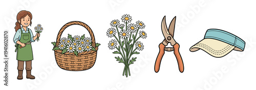 Gardening and floristry icon set with a female gardener, basket of daisies, bouquet, pruning shears, and sun visor in a charming hand-drawn cartoon illustration style