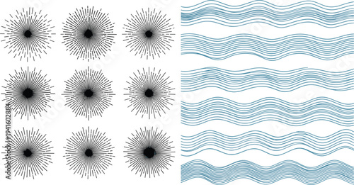 Sunburst Starburst and Wavy Line Pattern Set Featuring Radiating Light Bursts and Flowing Abstract Wave Lines for Decorative Design