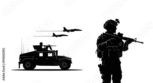Silhouette of Soldier, Humvee, and Fighter Jets on White Background