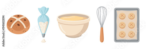 Complete hot cross bun baking set includes a finished bun, piping bag, mixing bowl, whisk, and unbaked buns on a tray, all rendered in a clean, flat illustration style
