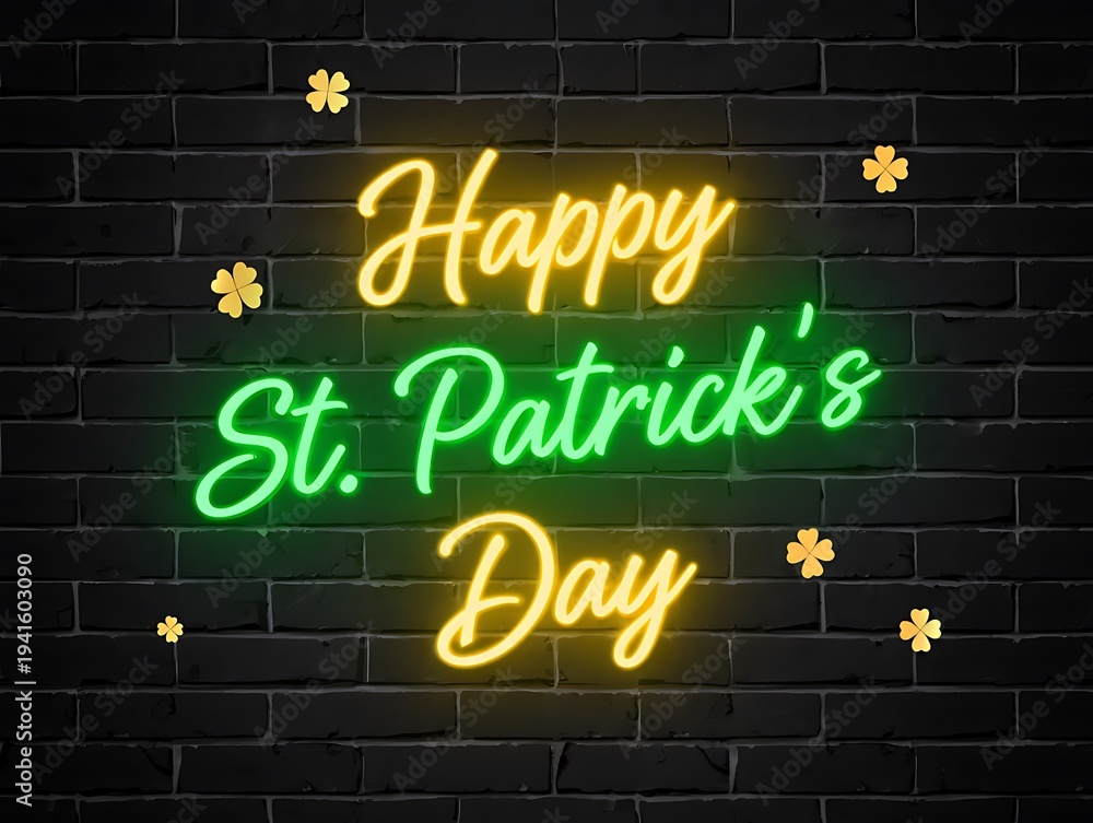 Obraz premium Happy St Patricks Day neon sign on brick wall with shamrocks