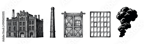 Set of industrial revolution style illustrations featuring a brick factory, chimney, sliding door, window, and smoke plume in a detailed, vintage black and white engraving style