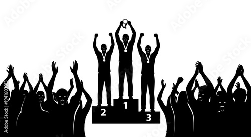 Silhouettes of Athletes on Podium Celebrating Victory with Trophy and Medals, Crowd Cheering