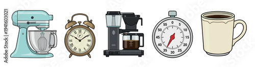 Collection of illustrated kitchen appliances and morning items including a stand mixer, alarm clock, coffee maker, timer, and mug, depicted in a clean, retro vector style
