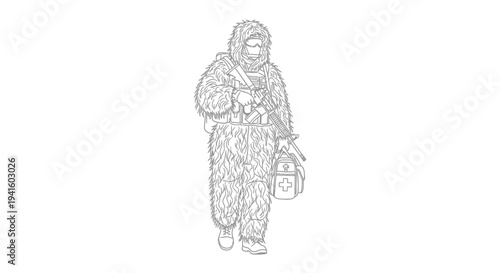 Sniper Ghillie Suit Soldier Carrying Medical Bag, Combat Medic, Military Operations